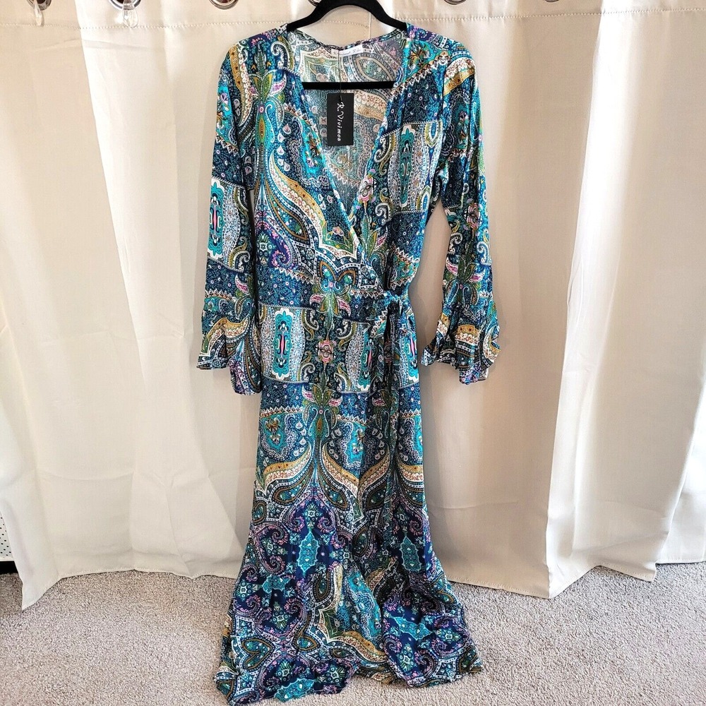 R Vivimos Wrap Maxi Dress Fairy Large Floral Tiered Prairie Ruffle Retro 17402